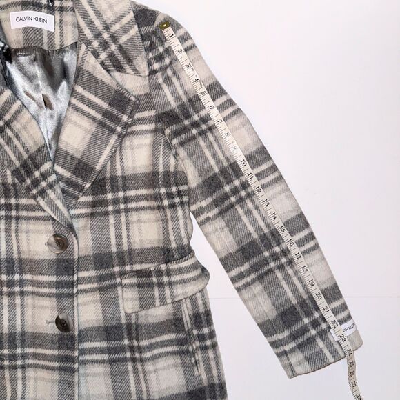 Calvin Klein Walker Plaid Wool Overcoat Single Breasted Pea Coat Gray Cream 10 - Picture 11 of 16